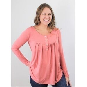 Long Sleeve Babydoll Button Front Top - Rose